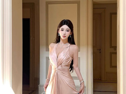 Sleeveless Plunged Plain Maxi A-Line Dress