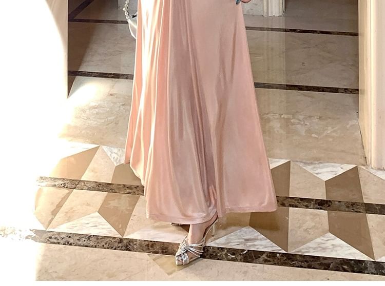 Sleeveless Plunged Plain Maxi A-Line Dress