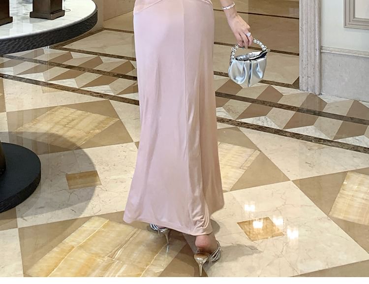 Sleeveless Plunged Plain Maxi A-Line Dress