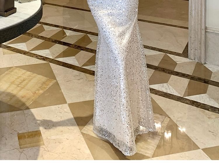 Sleeveless V-Neck Sequin Maxi Sheath Dress