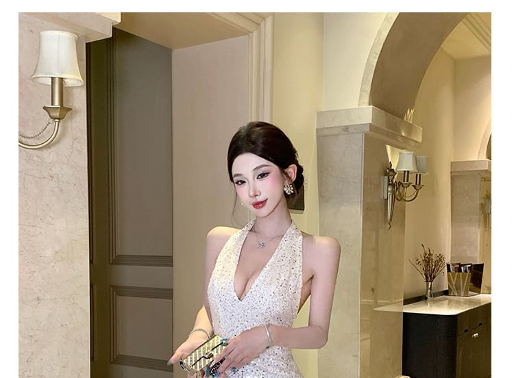Sleeveless V-Neck Sequin Maxi Sheath Dress