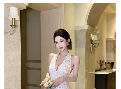 Sleeveless V-Neck Sequin Maxi Sheath Dress
