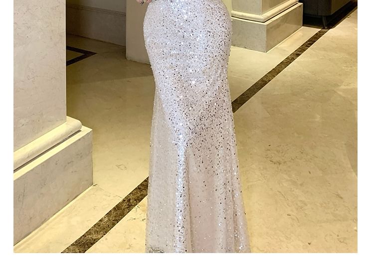 Sleeveless V-Neck Sequin Maxi Sheath Dress