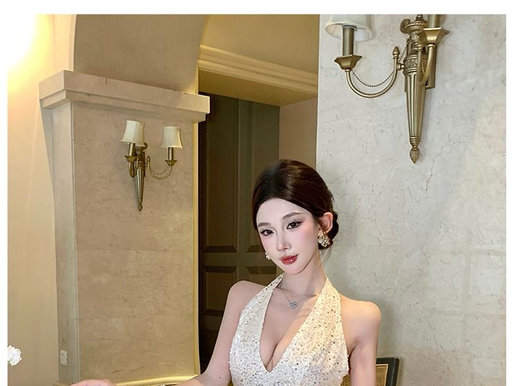 Sleeveless V-Neck Sequin Maxi Sheath Dress