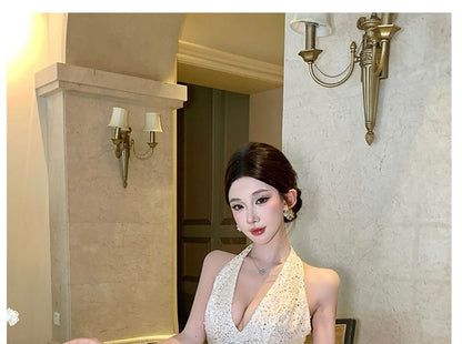 Sleeveless V-Neck Sequin Maxi Sheath Dress