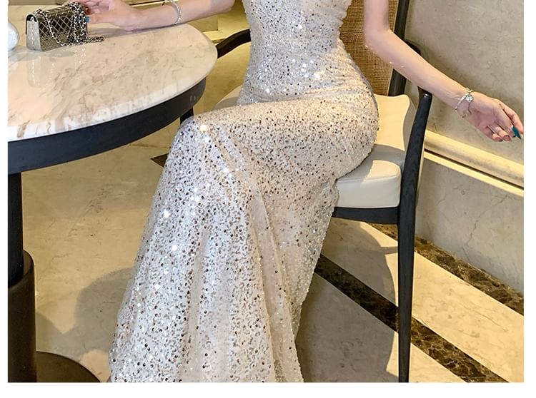 Sleeveless V-Neck Sequin Maxi Sheath Dress