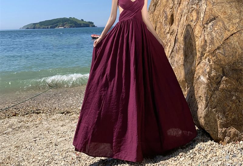 Spaghetti Strap Cutout Plain Maxi A-Line Dress
