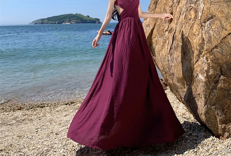 Spaghetti Strap Cutout Plain Maxi A-Line Dress