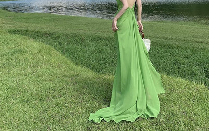 Halter Neck Open Back Trained Plain Maxi A-Line Dress