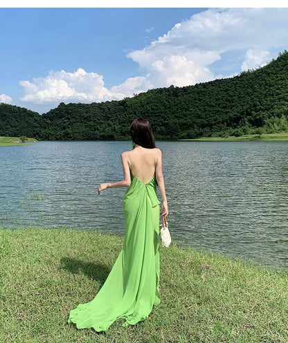 Halter Neck Open Back Trained Plain Maxi A-Line Dress