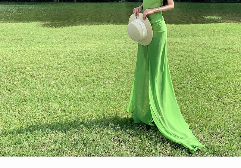 Halter Neck Open Back Trained Plain Maxi A-Line Dress