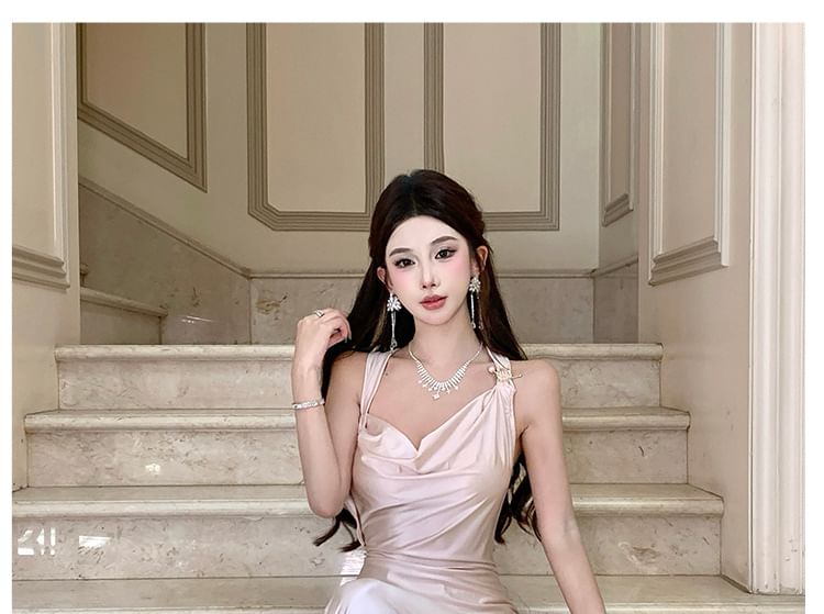 Sleeveless Asymmetrical Plain Maxi Sheath Dress