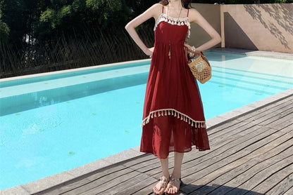 Spaghetti Strap Fringed Maxi A-Line Dress