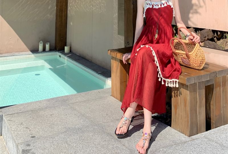 Spaghetti Strap Fringed Maxi A-Line Dress