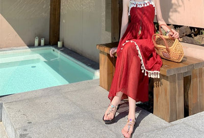 Spaghetti Strap Fringed Maxi A-Line Dress
