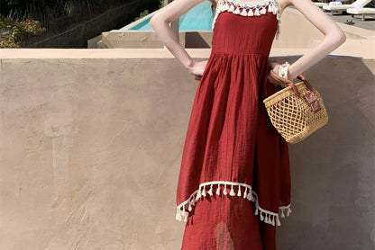 Spaghetti Strap Fringed Maxi A-Line Dress