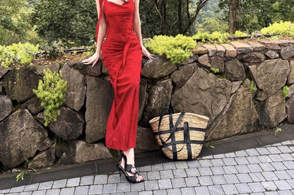 Sleeveless V-Neck Plain Maxi Sheath Dress