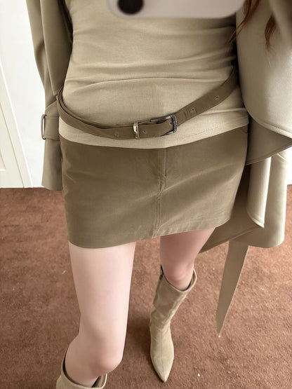 Mid-Rise Solid Pencil Mini Skirt with Belt
