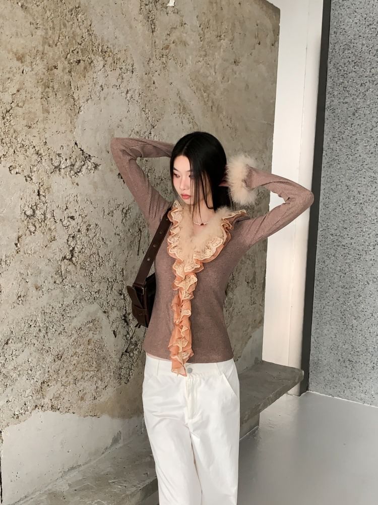 Lace Panel Ribbed Knit Top with Fluffy Trim
