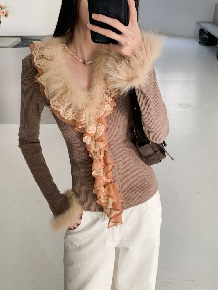 Lace Panel Ribbed Knit Top with Fluffy Trim