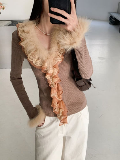 Lace Panel Ribbed Knit Top with Fluffy Trim