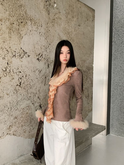 Lace Panel Ribbed Knit Top with Fluffy Trim