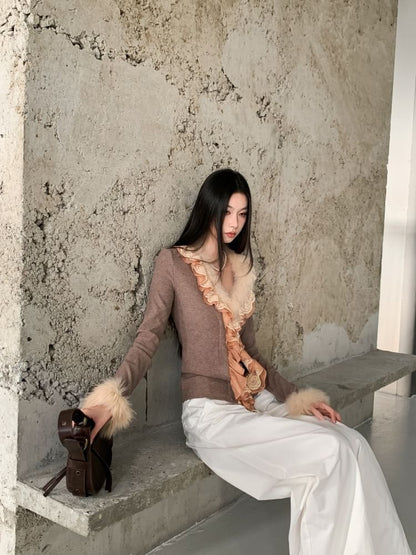 Lace Panel Ribbed Knit Top with Fluffy Trim