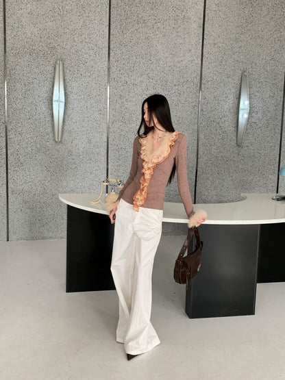 Lace Panel Ribbed Knit Top with Fluffy Trim