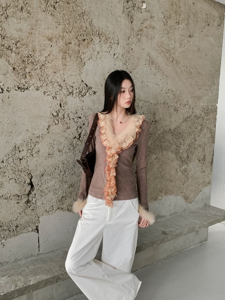 Lace Panel Ribbed Knit Top with Fluffy Trim