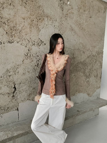 Lace Panel Ribbed Knit Top with Fluffy Trim