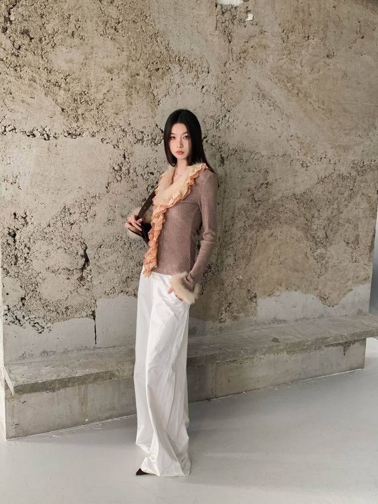 Lace Panel Ribbed Knit Top with Fluffy Trim