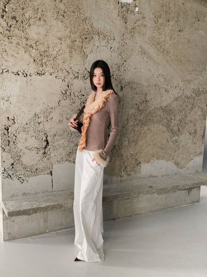 Lace Panel Ribbed Knit Top with Fluffy Trim