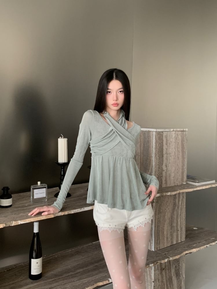 Halter Neck Ruched Tee with Long Sleeves