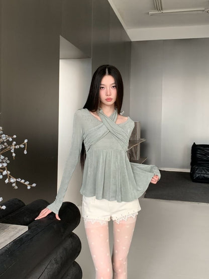 Halter Neck Ruched Tee with Long Sleeves