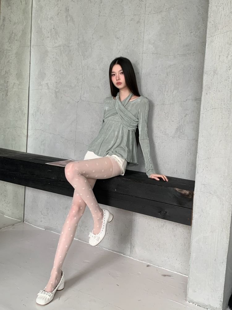 Halter Neck Ruched Tee with Long Sleeves