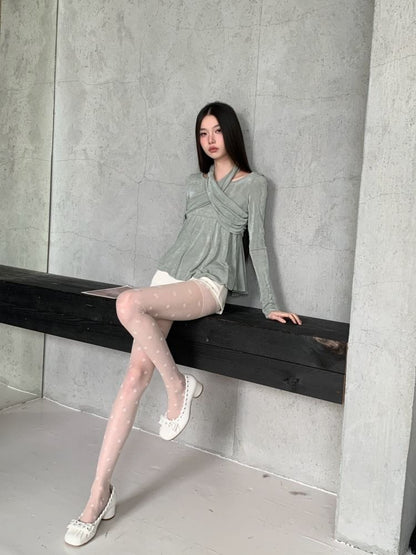 Halter Neck Ruched Tee with Long Sleeves