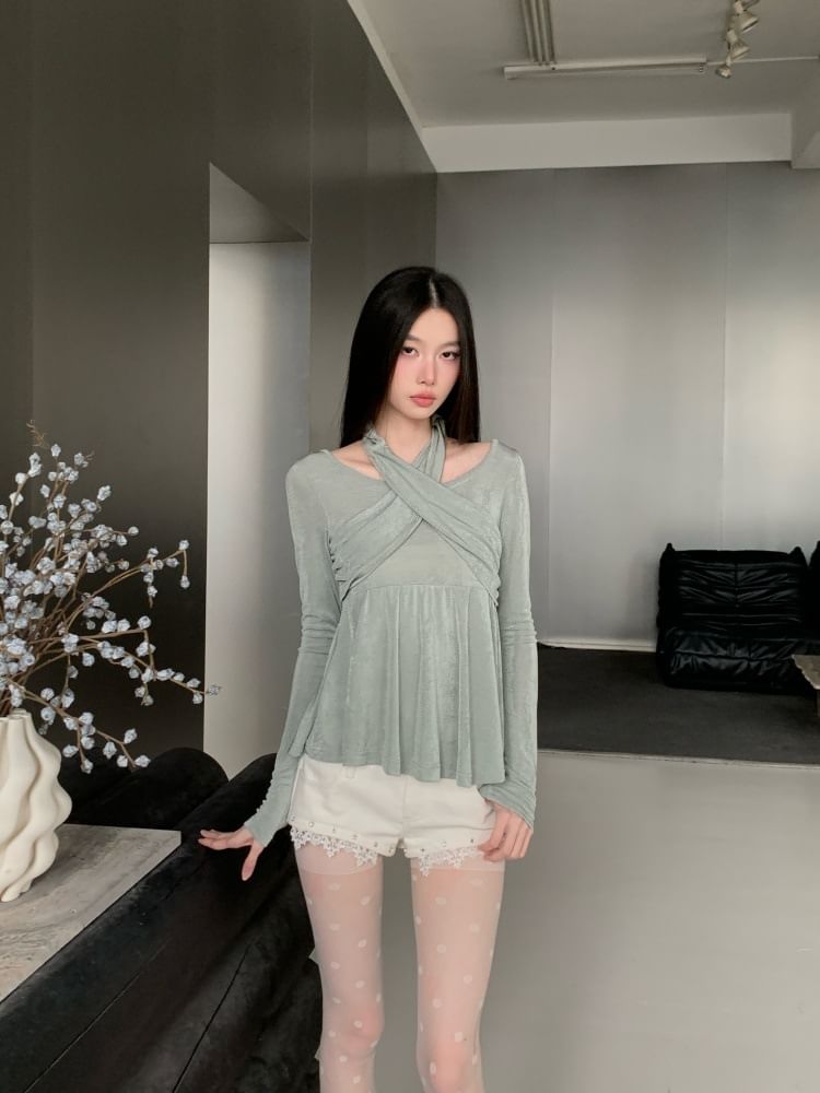 Halter Neck Ruched Tee with Long Sleeves