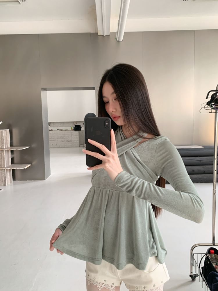 Halter Neck Ruched Tee with Long Sleeves