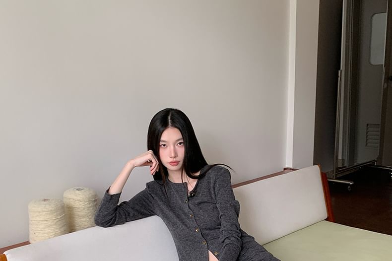 Crew Neck Button Crop Cardigan & Drawstring A-Line Skirt