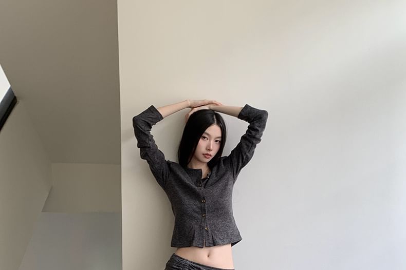 Crew Neck Button Crop Cardigan & Drawstring A-Line Skirt