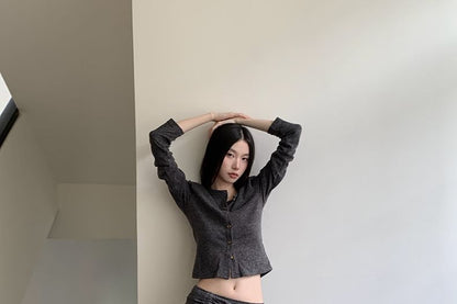 Crew Neck Button Crop Cardigan & Drawstring A-Line Skirt