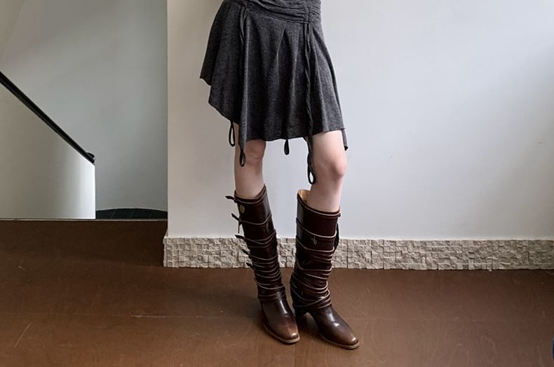 Crew Neck Button Crop Cardigan & Drawstring A-Line Skirt