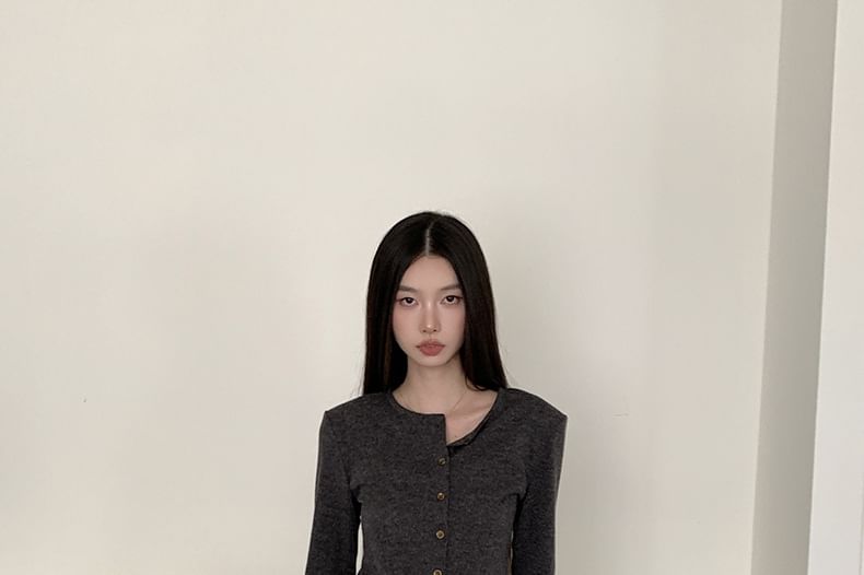 Crew Neck Button Crop Cardigan & Drawstring A-Line Skirt