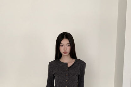 Crew Neck Button Crop Cardigan & Drawstring A-Line Skirt