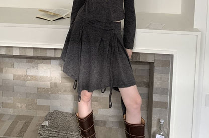 Crew Neck Button Crop Cardigan & Drawstring A-Line Skirt