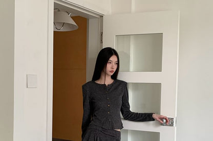 Crew Neck Button Crop Cardigan & Drawstring A-Line Skirt