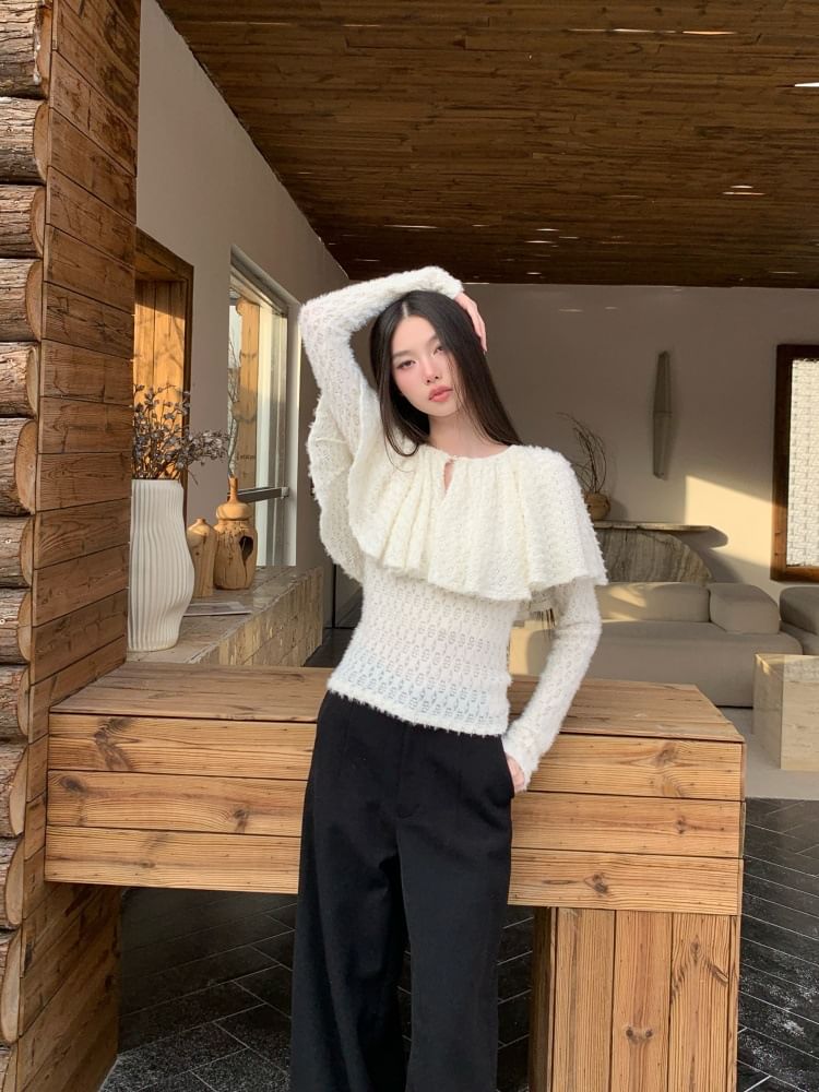 Two-Tone Perforated Crew Neck Long-Sleeve Tee