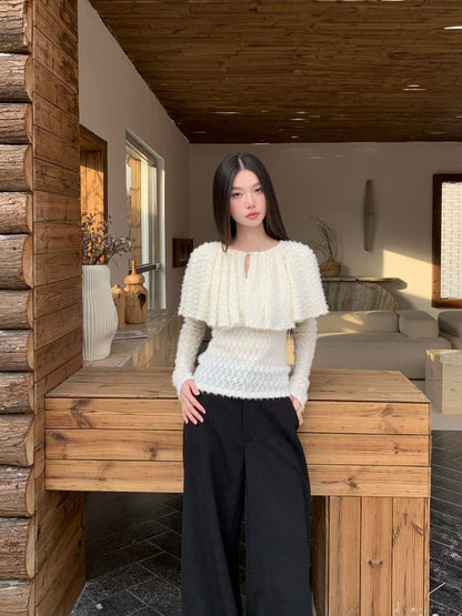 Two-Tone Perforated Crew Neck Long-Sleeve Tee