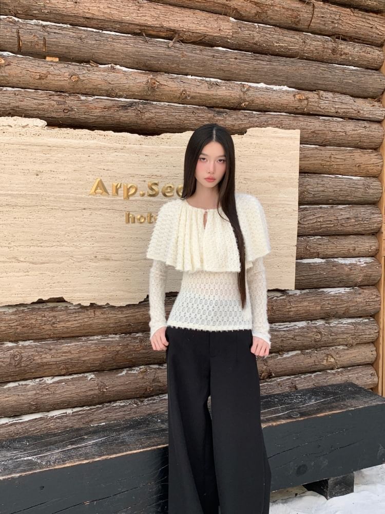 Two-Tone Perforated Crew Neck Long-Sleeve Tee