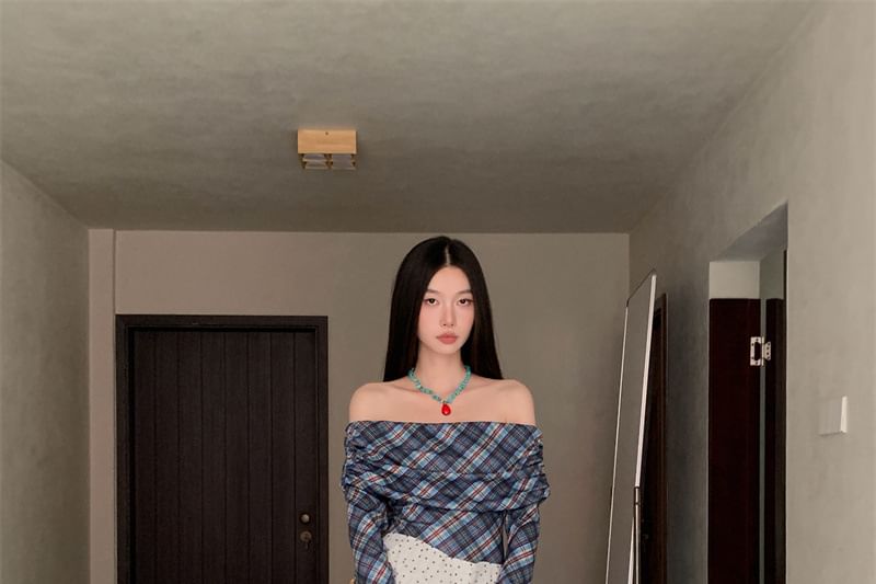 Long-Sleeve Off-Shoulder Plaid Dotted Panel Ruched Maxi A-Line Dress